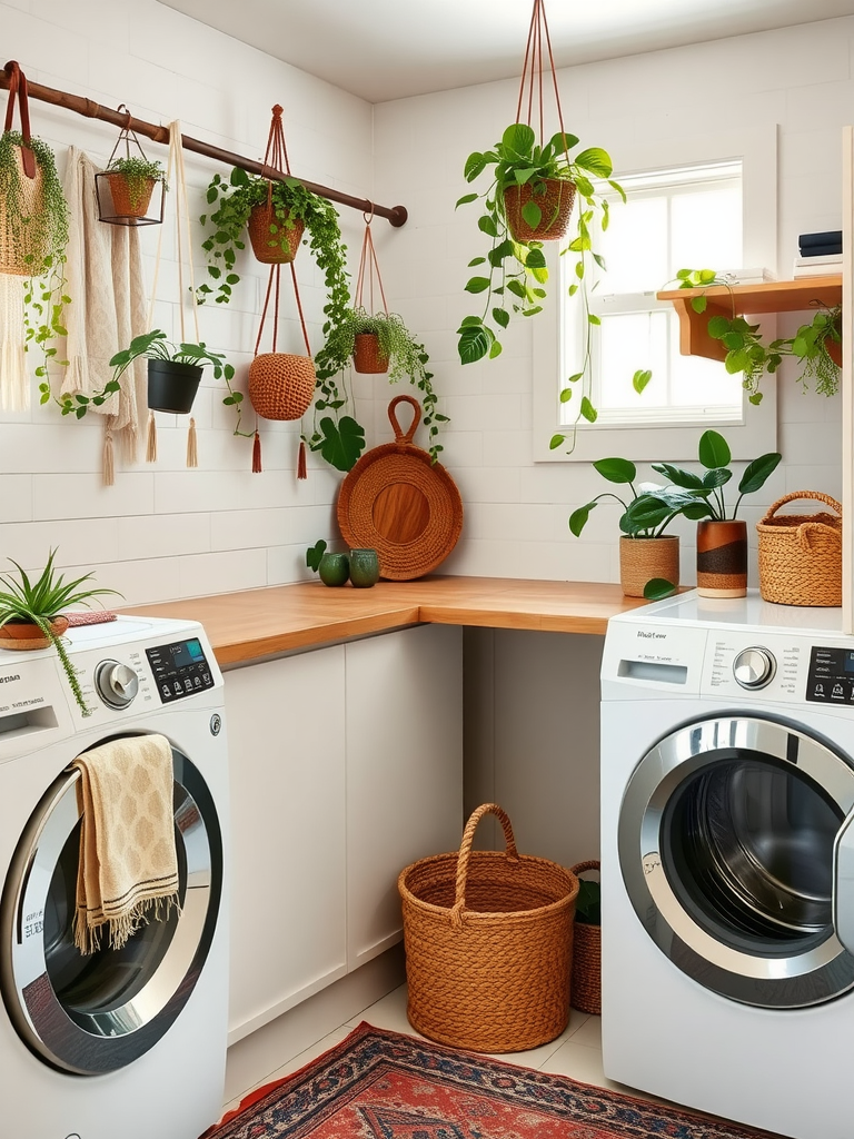 Plant Hangers and Greenery in Boho Laundry Room